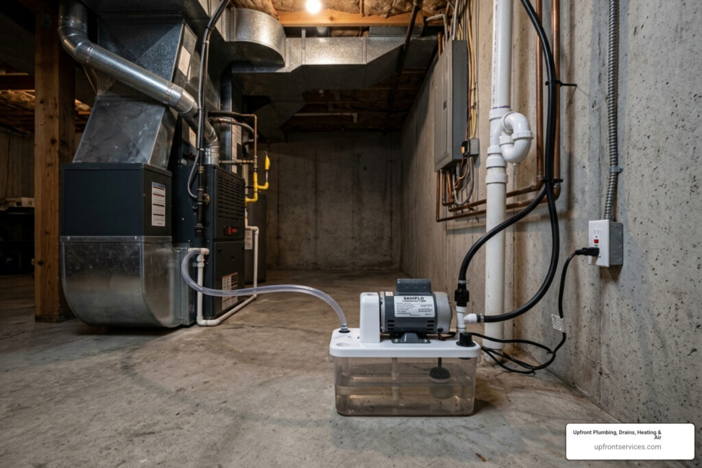 Modern HVAC condensate pump system installed in a residential basement - condensate pump repair Boise